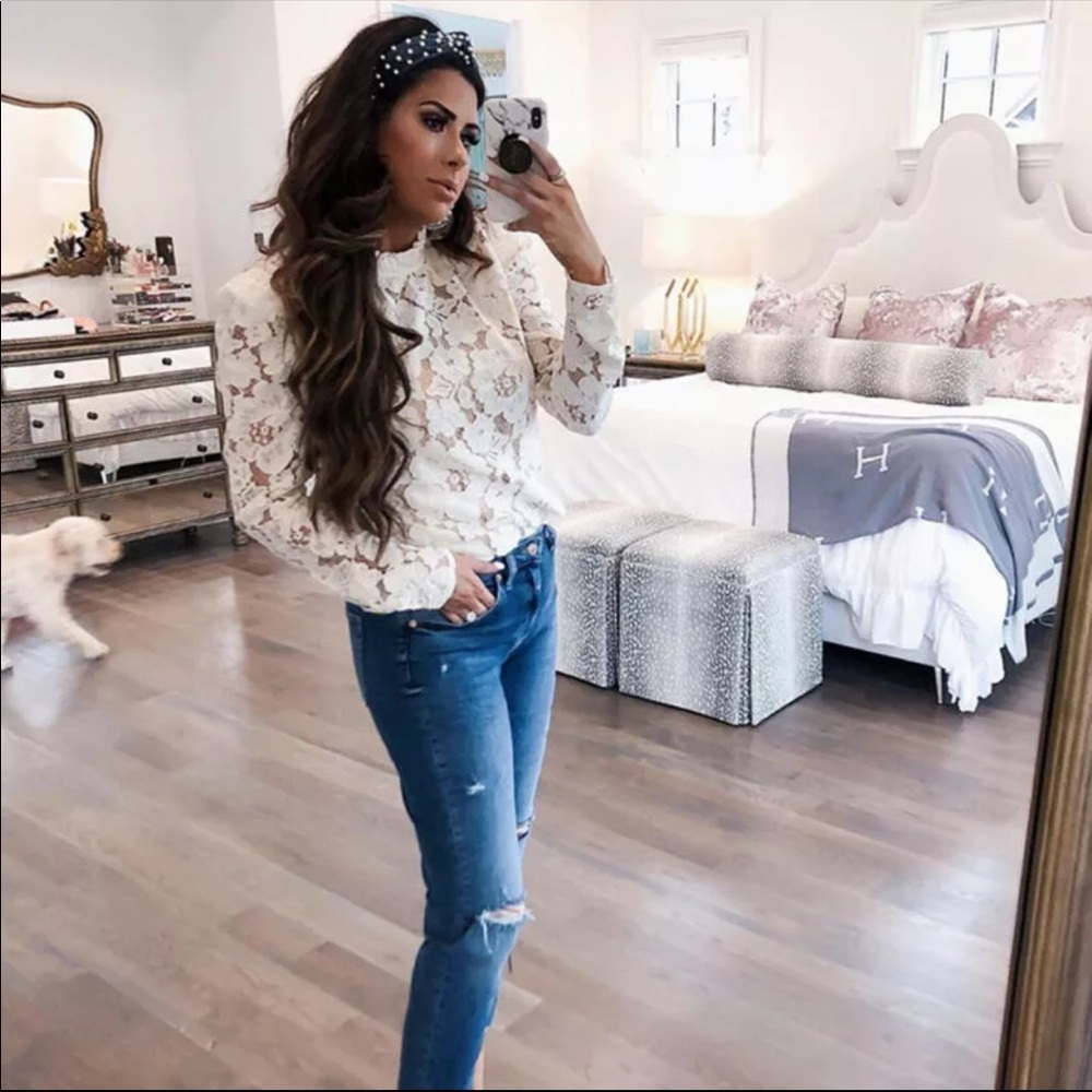 New!  Dreamy White Lace Mock Neck Puff Sleeve Top - Picture 6 of 8
